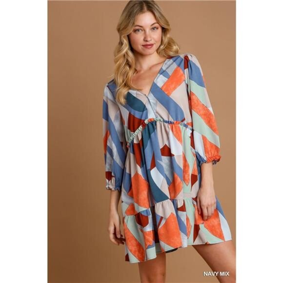 ✨NWT Umgee Abstract V-Neck Tiered Printed Dress - Picture 1 of 5